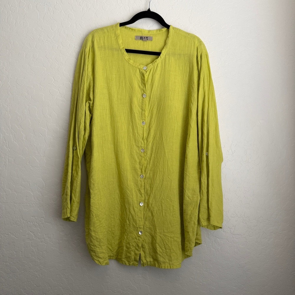 Flax Women's Oversized Button Front Linen‎ Blouse Green Large